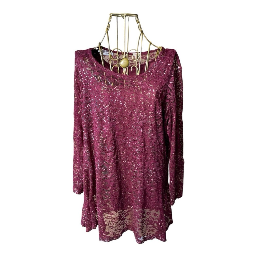 Reba Glittered  Chantilly Lace Overlay XL Red‎ Top Sultry Made In USA